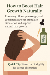 Illustration showing rosemary oil bottle with benefits for hair health.