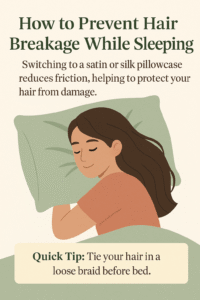 Illustration of a woman touching her hair with a graphic explaining how to prevent hair damage while styling.