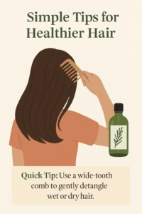Illustration of a woman combing her hair with a wide-tooth comb next to a rosemary oil bottle, with a tip for healthier hair.