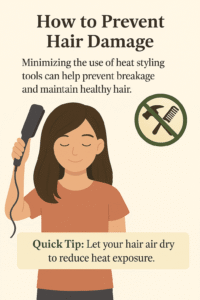 Illustration of a woman holding a flat iron with a graphic explaining how to prevent hair damage by reducing heat styling.