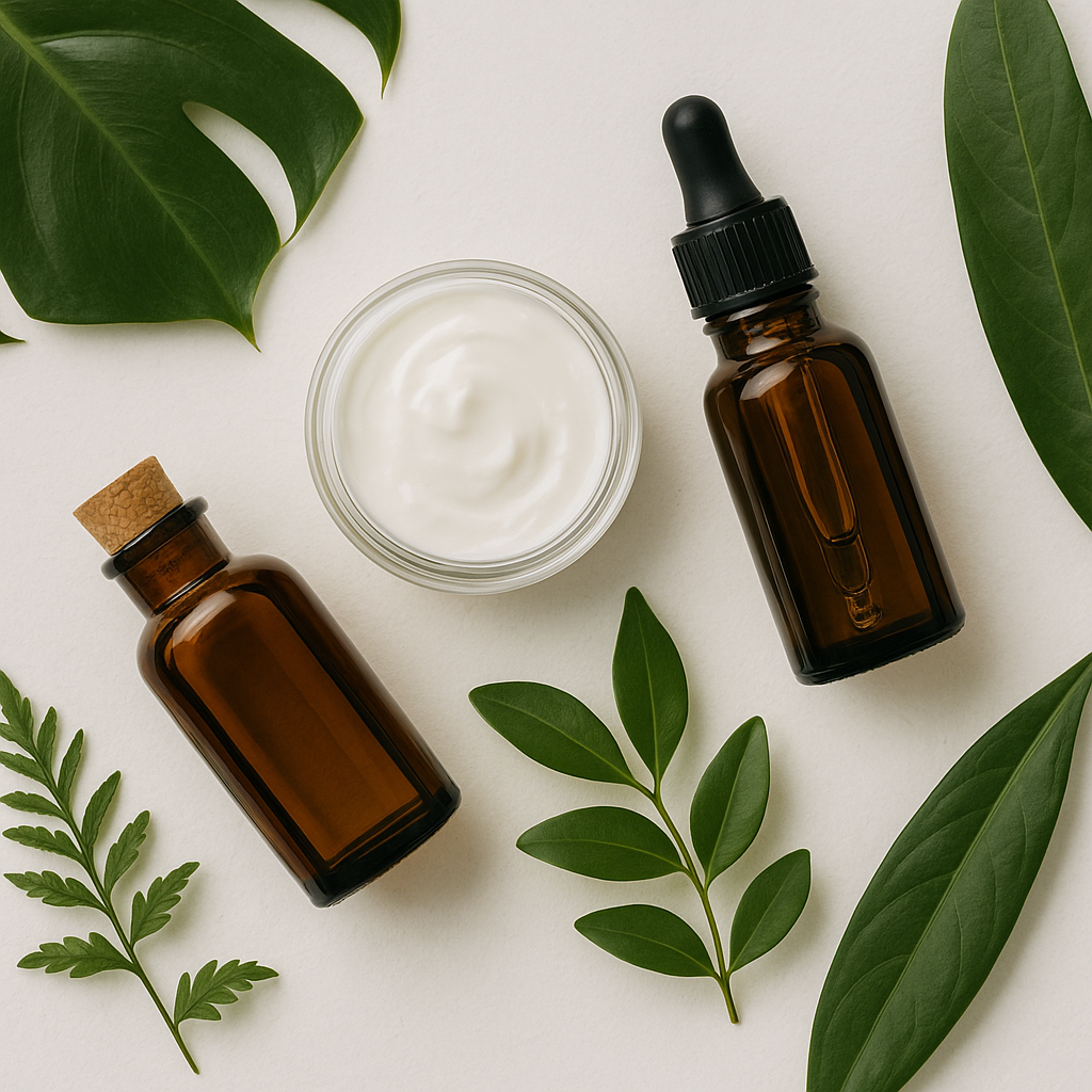 natural essential oil bottles on a wooden table with leaves