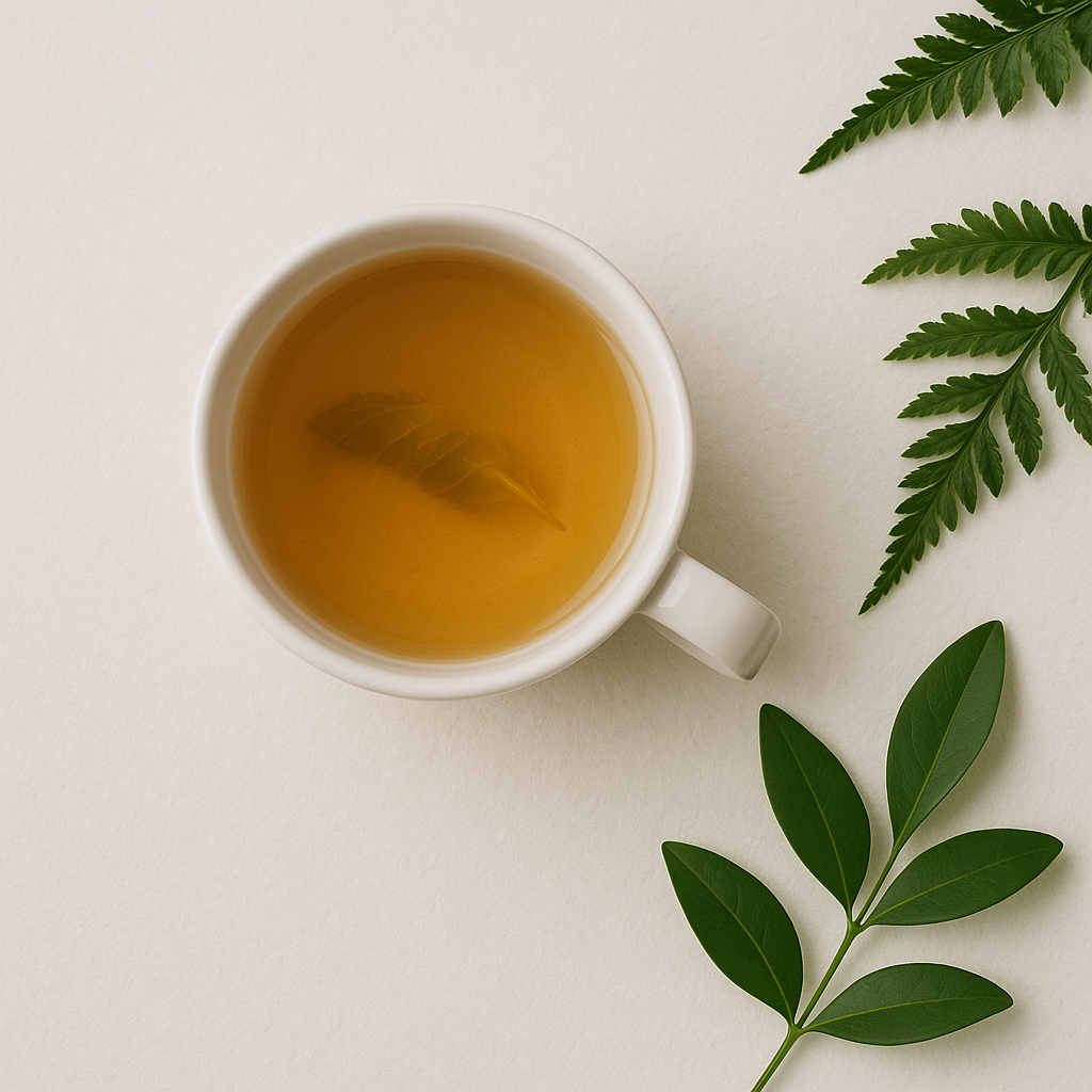 natural essential oil bottles on a wooden table with leaves