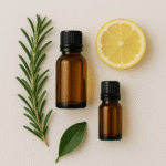 natural essential oil bottles on a wooden table with leaves